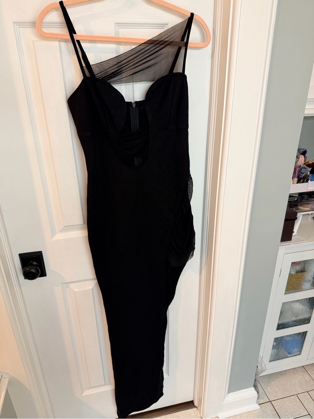 AKIRA Black Mesh Asymmetrical Bodycon Maxi Dress Size M